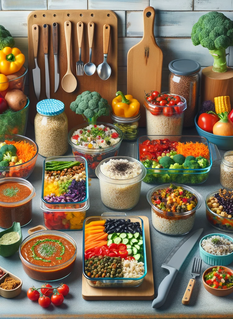 A colorful and well-organized vegan meal prep scene showing a kitchen counter. The counter features a variety of glass containers filled with different vegan meal prep foods.