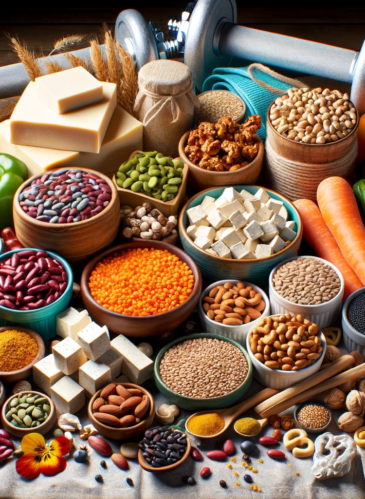 An array of colorful plant-based protein sources including legumes, nuts, seeds, tofu, and various grains, artistically arranged.