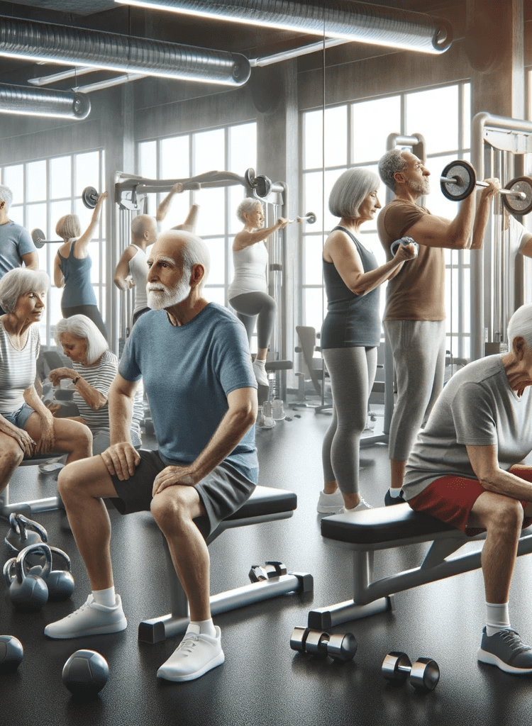 A diverse group of seniors actively engaged in fitness activities in a modern gym. The gym is bright and well-equipped, with seniors seen lifting weights, using exercise machines, and participating in a group fitness class. They appear energetic, focused, and enjoying their workout, embodying vitality and an active lifestyle.