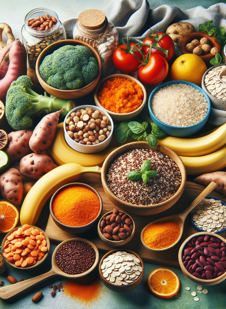 Vibrant image showing a variety of vegan foods rich in carbohydrates, perfect for athletes. Include foods like quinoa, lentils, bananas.