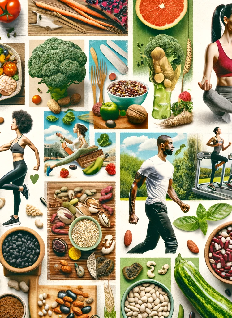 An engaging collage promoting a healthy lifestyle, featuring a diverse array of individuals engaged in fitness activities such as running on treadmills, practicing yoga, and strength training, intermingled with vibrant illustrations of plant-based foods like colorful vegetables, grains, nuts, and fruits, symbolizing a balanced approach to nutrition and wellness.