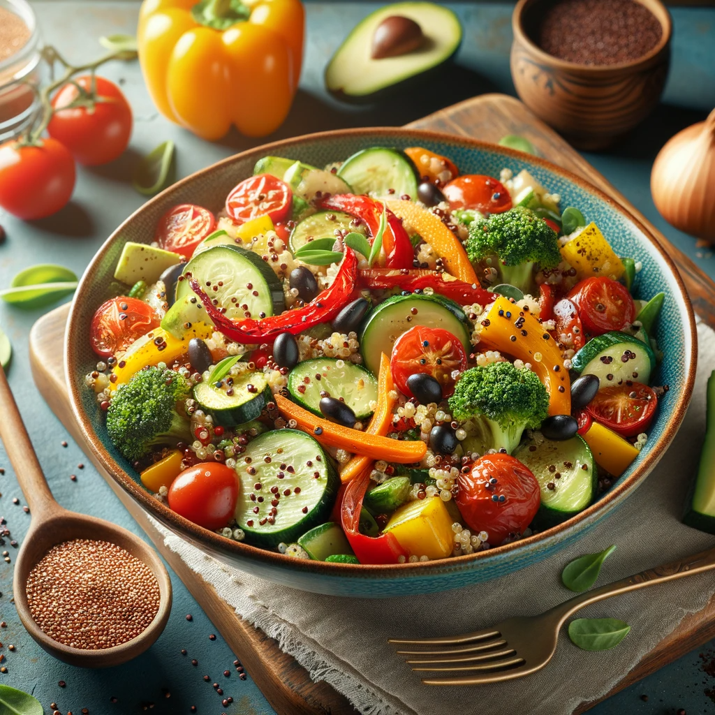 Photo of a colorful quinoa salad with roasted vegetables.