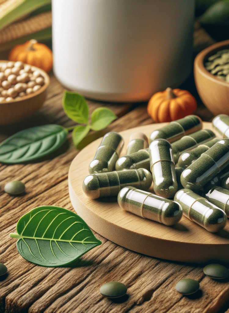 A close-up shot of vegan leucine capsules with a green leaf symbol on each capsule, placed on a wooden table. In the background, there are various vegan leucine sources.