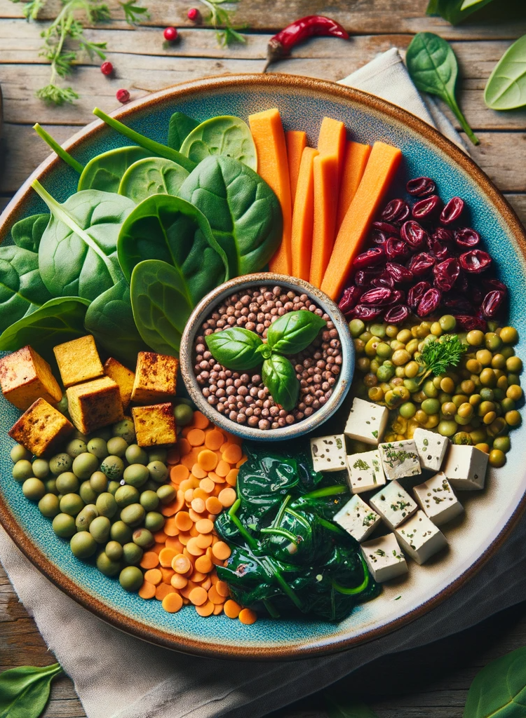 A vibrant vegan meal plate showcasing various iron-rich foods like spinach, lentils, tofu, and quinoa.